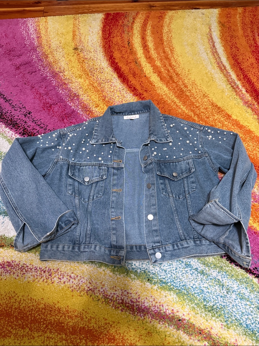 Pearl-Embellished Blue Denim Jean Jacket - Women's